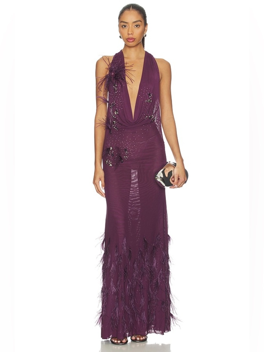 Jaded London Purple Cowl Neck Feather Embellished Maxi Dress Revolve
